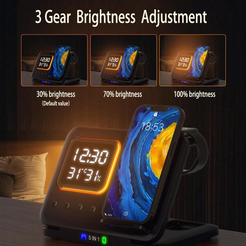 15W Wireless Chargers Stand 5 In1 LED Digital Alarm Clock Fast