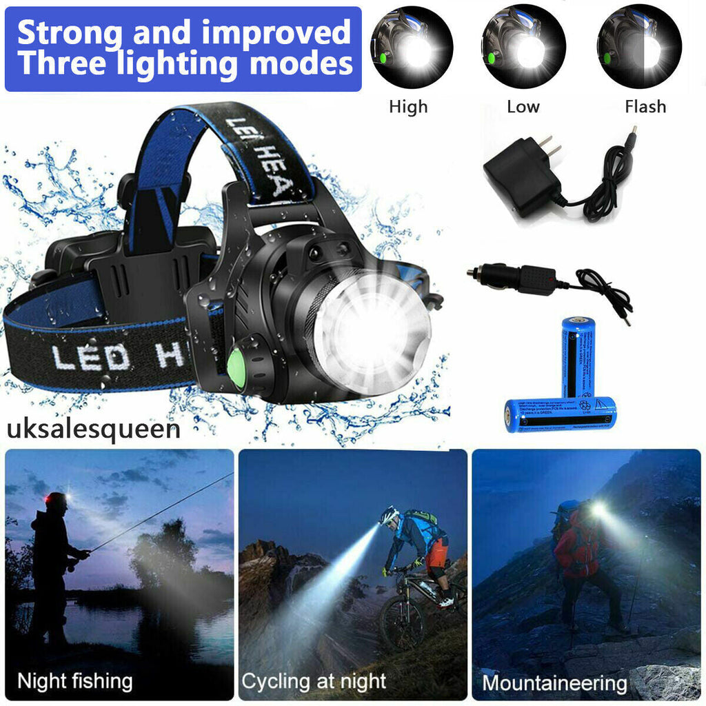 990000LM Rechargeable LED Headlamp Zoomable Torch Tactical Headlight