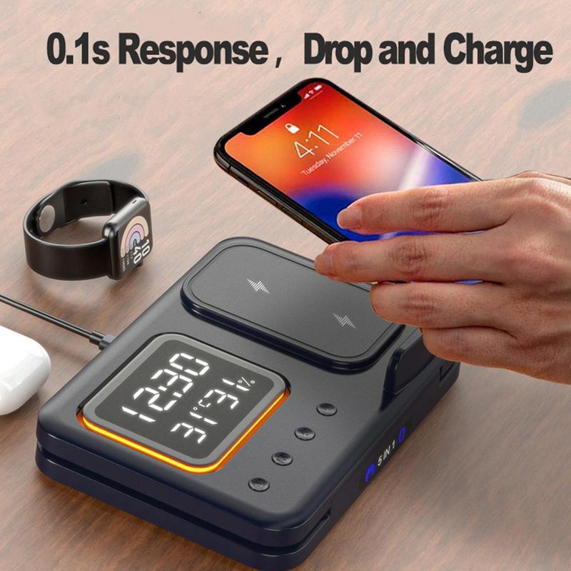 15W Wireless Chargers Stand 5 In1 LED Digital Alarm Clock Fast