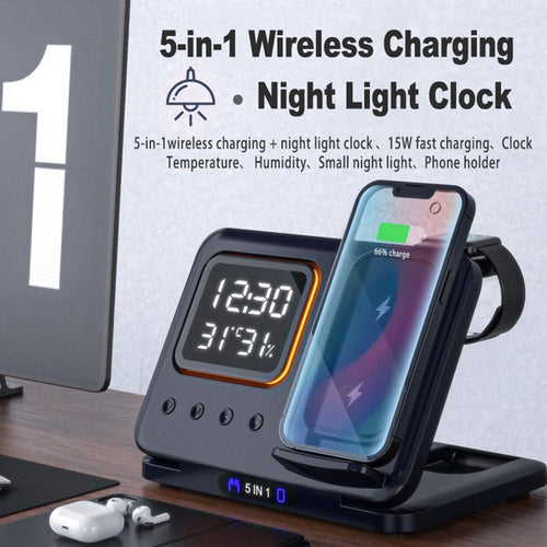 15W Wireless Chargers Stand 5 In1 LED Digital Alarm Clock Fast